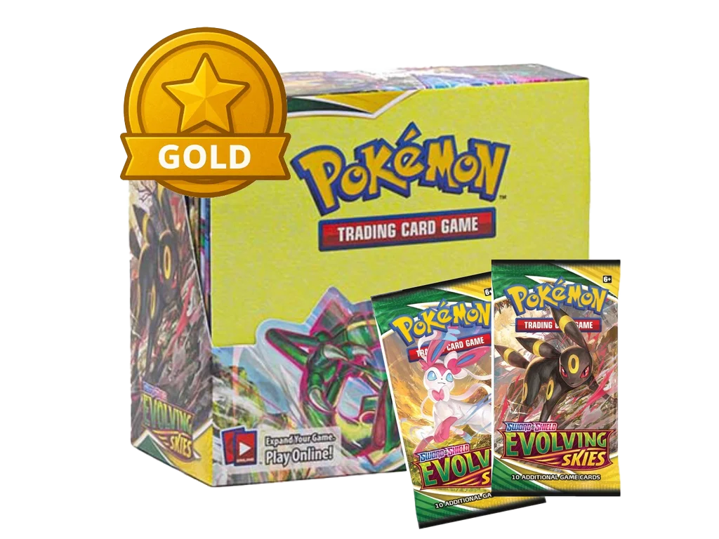 Evolving Skies booster box, boostery a zlatá známka